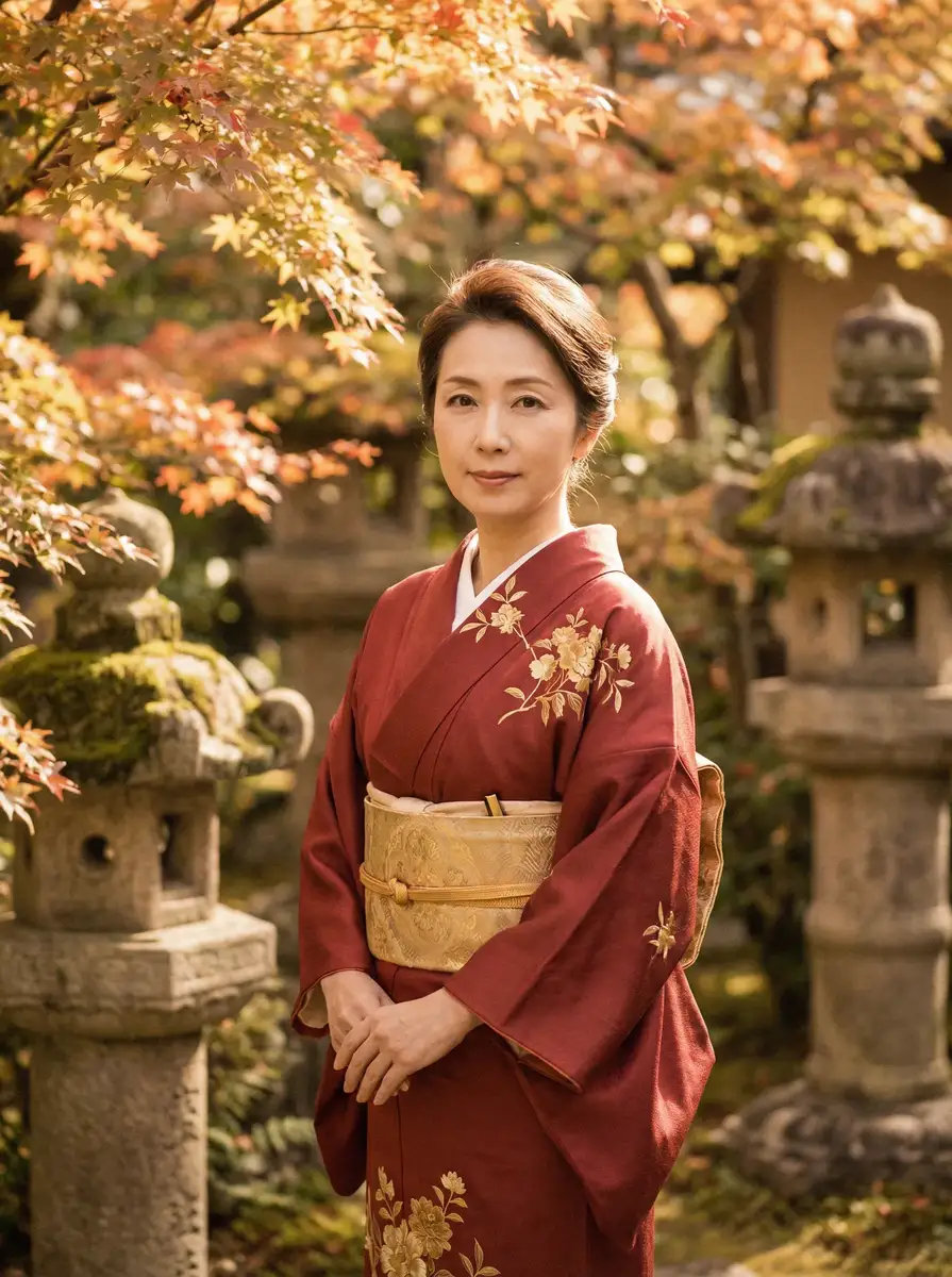 一位身穿暗红色和服的优雅 里番 在日式庭院中